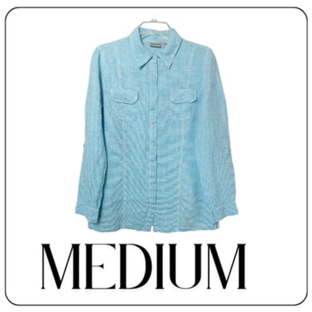 Chico's Shirt Womens Medium Blue Check Linen Button Up Roll Tab Sleeve Top
